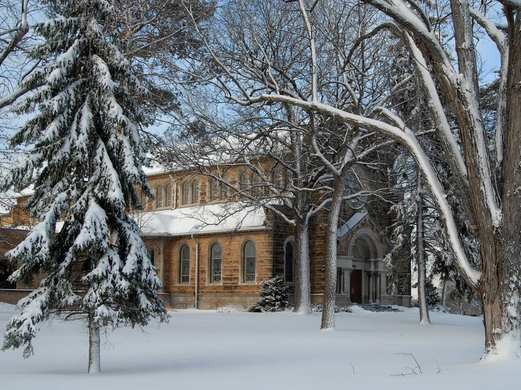 saint paul seminary st mary's chapel in winter with snow on the ground