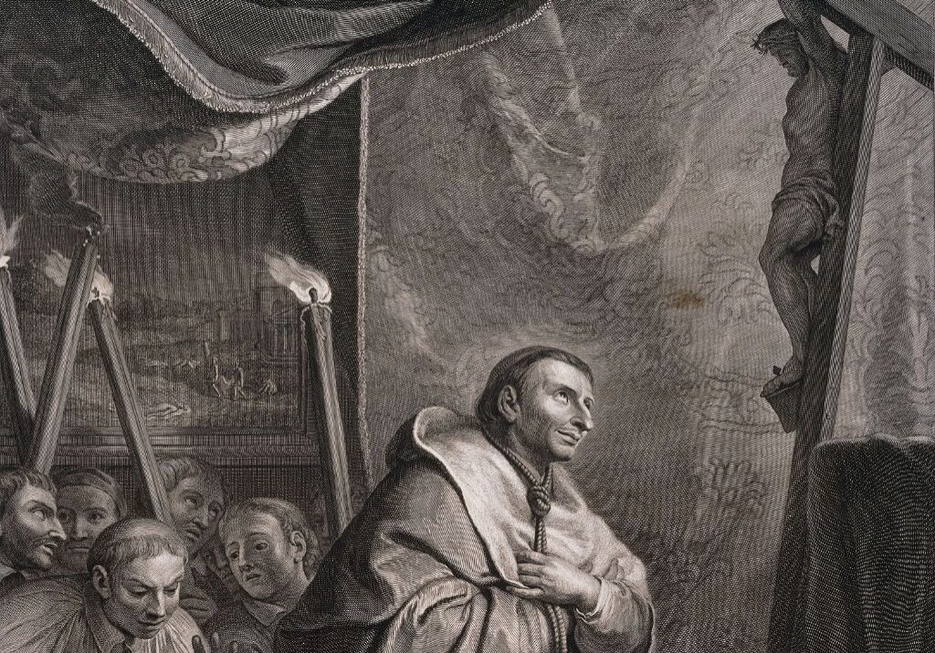 painting of st charles borromeo praying in front of crucifix